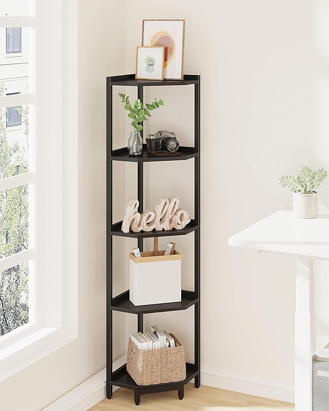 Corner Shelf Stand, Corner Bookshelf, Storage Standing Shelf Unit with Metal Frame, Plant Stand, Corner Bookcase for Living Room, Home Office, Bedroom, 5-Tier Black CS05906B