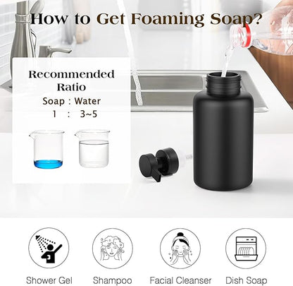 Luxspire Foaming Soap Dispenser, Glass Foam Pump Soap Dispenser, Non-Slip Silicone Sleeve & 5 Waterproof Labels, 15 Oz Refillable Liquid Bottle for Bathroom & Kitchen, Black+White, 2 Pack