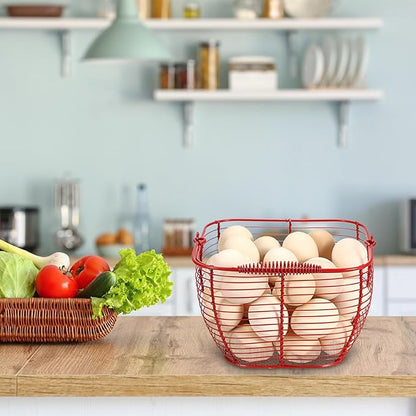 2 PCS 7" Red Square Wire Egg Baskets for Fresh Egg With Handle, Small Metal Collecting Basket for Gathering Fresh Eggs, Chicken and Duck Eggs Hunting Basket Egg Holder Countertop
