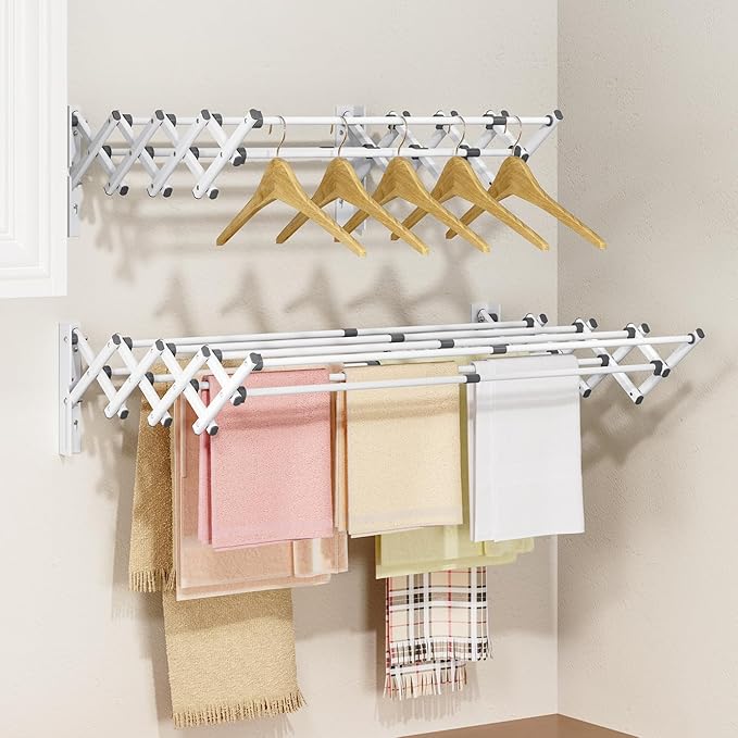 APEXCHASER Wall Mounted Clothes Drying Rack Laundry Drying Rack Retractable, Towel Racks Wall Mounted for Bathroom Balcony Laundry Room Indoor, Foldable Accordion Dryer Rack for Clothing, White