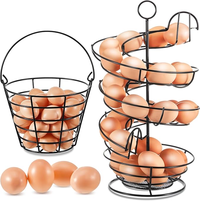 Zubebe 2 Pcs Egg Basket Storage, Spiral Fresh Egg Collecting Holder Countertop Metal Wire Rack Functional Dispenser for Kitchen Display(14.6'', Storage Basket Style)