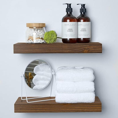 Homeforia Classic Walnut 16 inch Floating Shelf, High End Solid Real Wood Small 16inch Floating Shelves for Wall Mounted, 16in Floating Shelves, Heavy Duty Bracket, 16 X 6.5 X 1.75 inches, Set of 2