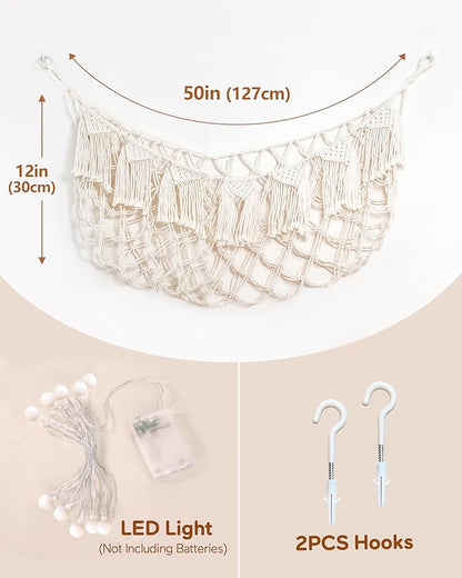 Stuffed Animal Storage Hammock with Lights- Boho Wall Hanging Plushie Net for Stuff Aanimal Organizer and Teddy Bear Storage, Small Toy Hammock for Kids Bedrooms Playroom Nursery(White Small)