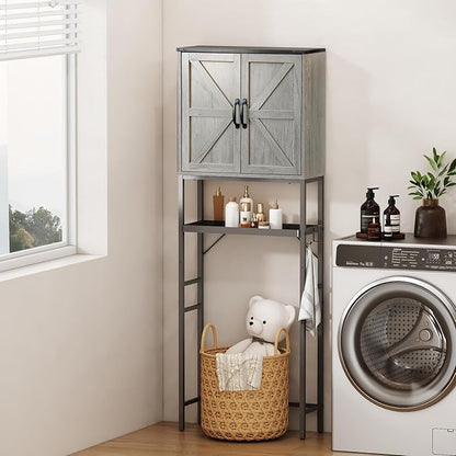 Timboniture Over The Toilet Storage Cabinet, Bathroom Above Toilet Cabinet Organizer with Doors and Adjustable Shelves, Bathroom Shelf Organizer with Anti-Tip Device & Drain Rack, Grey