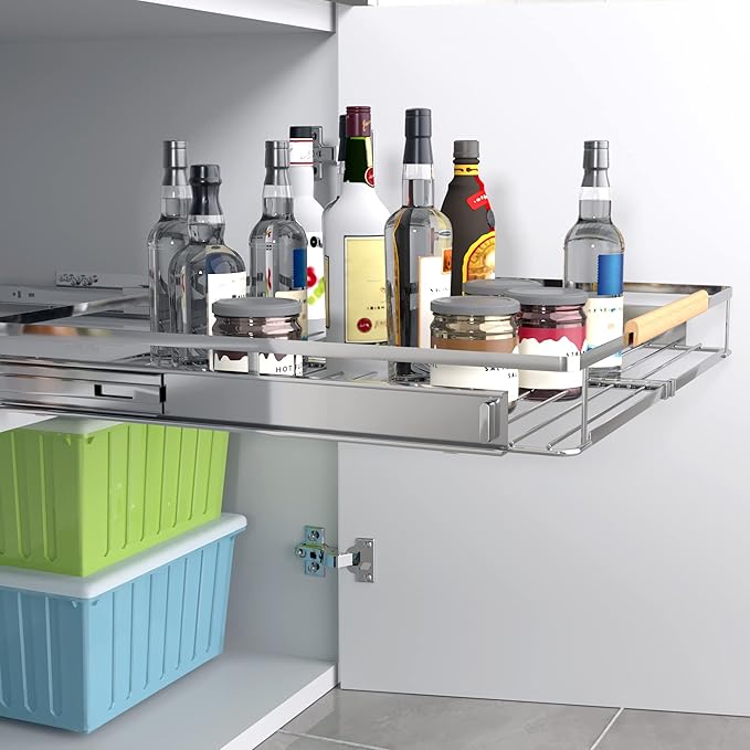 2Pack Expandable Pull Out Cabinet Organizer,11.8~18" W x 17" D Heavy Duty Slide Out Shelves Adjustable Height Cabinet Pull Out Shelves,Expandable Width Spice Rack Organizer for Kitchen Cabinet