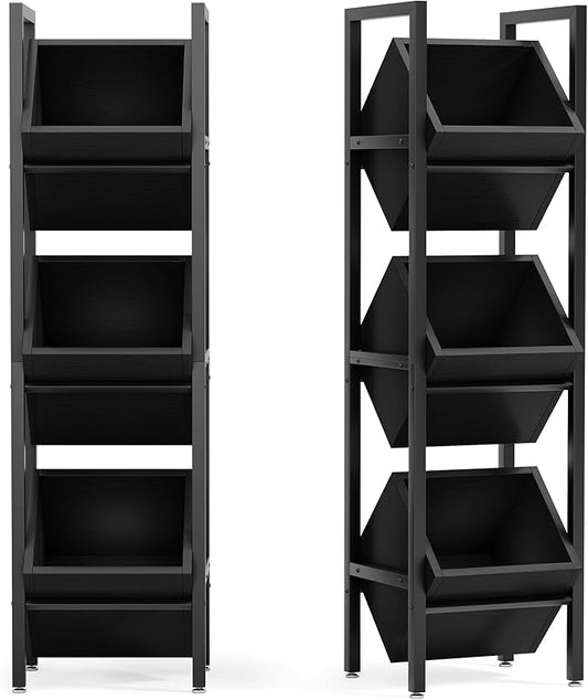LITTLE TREE 3-Tier Basket Stand, Rustic Standing Organizer Storage Rack, Wooden Floor Stand Shelving Unit for Kitchen, Bathroom, Living Room (2, Black)