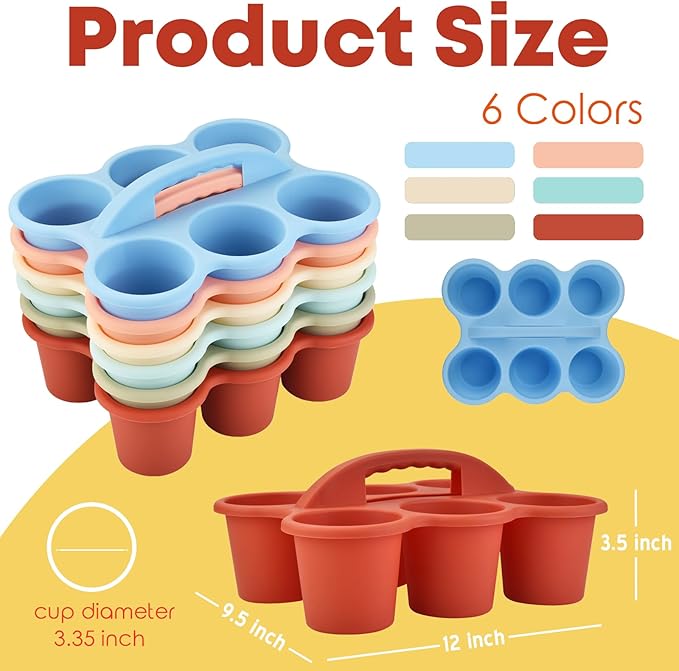 ALINK 6 Pack Classroom Caddy Storage Basket Organizer with Handle, Plastic Drink Cup Caddy Holder, 6 Compartments for Table, Office, Arts, Crafts, Crayon, Marker, Pencil, School Supplies - Macaroon