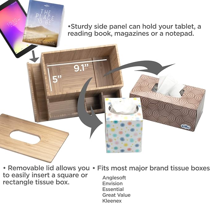 MobileVision Bamboo Tissue Box Holder & Tablet Stand Organizer for Bedroom & Desktop; compartments hold iPad Phones Remote Controls Reading Glasses Notepads & Pens