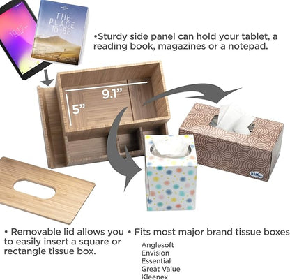 MobileVision Bamboo Tissue Box Holder & Tablet Stand Organizer for Bedroom & Desktop; compartments hold iPad Phones Remote Controls Reading Glasses Notepads & Pens