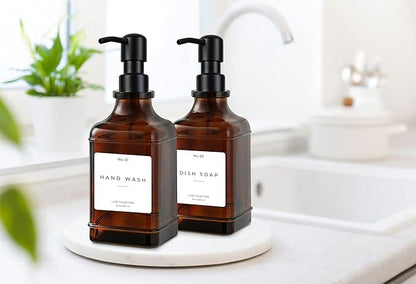 Emerson Essentials Soap Dispenser, Dish Soap Dispenser, Soap Dispenser Bathroom Set, Hand Soap Dispenser, Kitchen Soap Dispenser Set, Glass Soap Dispenser with Pump and Labels | 16 Oz 2-Pack