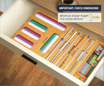 9-in-1 bamboo storage bag rack with cutter, suitable for kitchen drawer and wall storage, compatible with gallons, quarts, aluminum foil and cling film, sandwich, snack Bags