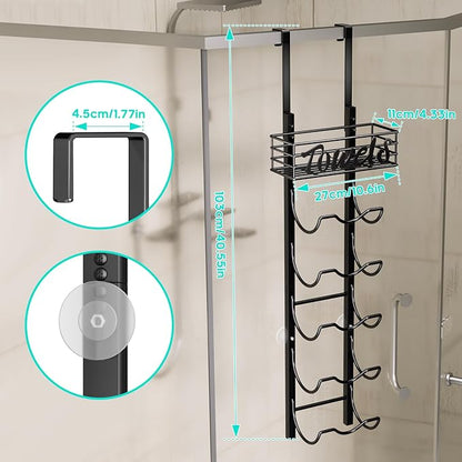 HapiRm Over The Door Towel Rack - 6 Tier Wall Mount Rolled Towel Holder Storage Organizer Shelf with Storage Basket for Small Bathroom, Rv, Camper - Black
