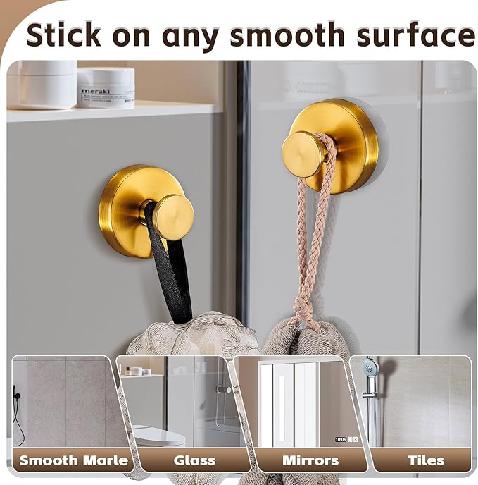 Supopular Reusable Heavy Duty Suction Cup Hooks for Kitchen/Bathroom/Shower - Wet-Proof Hooks for Towels, Robes, Loofah&Wreaths/No Drill Mounting on Glass, Tile, Metal (4, Brushed Gold)