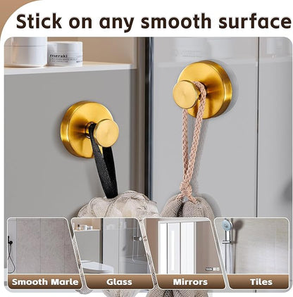 Supopular Reusable Heavy Duty Suction Cup Hooks for Kitchen/Bathroom/Shower - Wet-Proof Hooks for Towels, Robes, Loofah&Wreaths/No Drill Mounting on Glass, Tile, Metal (2, Brushed Gold)