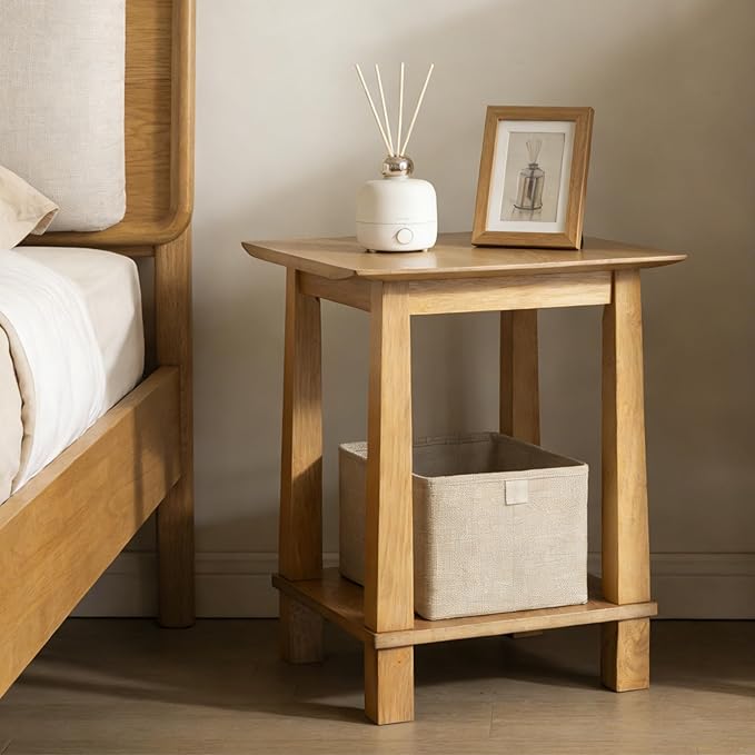 chairus Square Nightstands Set of 2, Modern Accent End Table with 2-Tier Storage Shelf, Solid Wood Small Side Table for Living Room/Bedroom, Natural