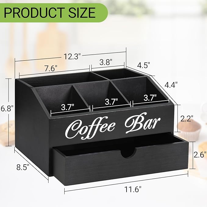Coffee Bar Organizer Countertop, Wooden Bar Accessories With Drawer, Coffee Station Organizer Pods Holder Storage Basket, Farmhouse Tea Condiment Station