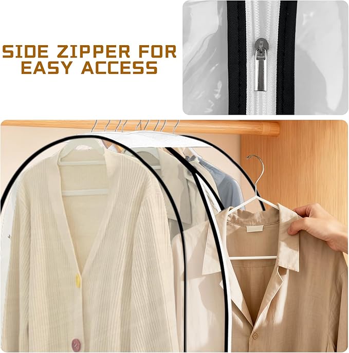 40" Long Clear Garment Bag for Hanging Clothes with Zippers, 10" Gusseted Hanging Plastic Clothes Cover for Suit, Coat, Dress, Shirt