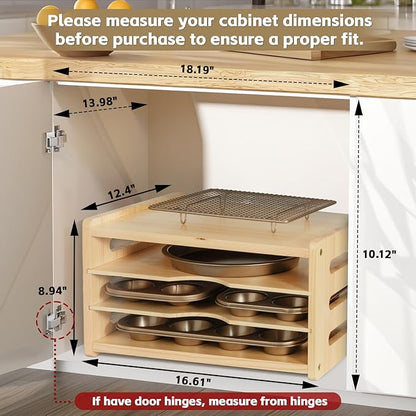 4 Tier Wooden Cabinet Tray Dividers for Baking Trays, Pans & Cutting Boards - 16.61" Wx12.4 Dx8.94 H Vertical Cookie Sheet Organizer, Spoon Rest, Utensil Holder, Kitchen for Pots Pans Storage