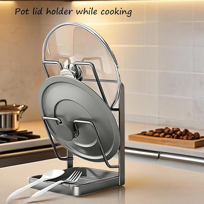 Kitchen Pot Lid Storage Rack, Stainless Steel Pot Lid Holder While Cooking for Countertop, Multifunctional Pots Lids Organizer Rack with Removable Drip Tray for Spatulas, Ladles & Large Lids (White2)