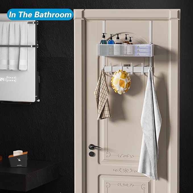 Aimeaihe Over The Door Hooks Organizer, Over The Door Towel Rack with Mesh Basket, 10 Coat Hooks and 2 Wreath Hangers, Bathroom Door Organizer Back of Door Hanger for Bedroom, Kitchen(White)