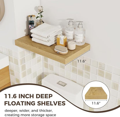 Fun Memories 12 Inch Deep Floating Shelves for Wall, 20 Inch Long Wall Mounted Storage Shelf with Invisible Brackets, 3 Pack Hanging Wood Shelf for Farmhouse, Bedroom, Kitchen, Living Room, Oak