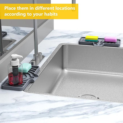 JOOKKI Sponge Holder for Kitchen Sink, Soap Tray for Sink & Counter, 9.8"×4.9" Soap Dish Mat, Silicone with Drain, Perfect for Dispenser, Scrubber, Bottle, Cup (Gray)