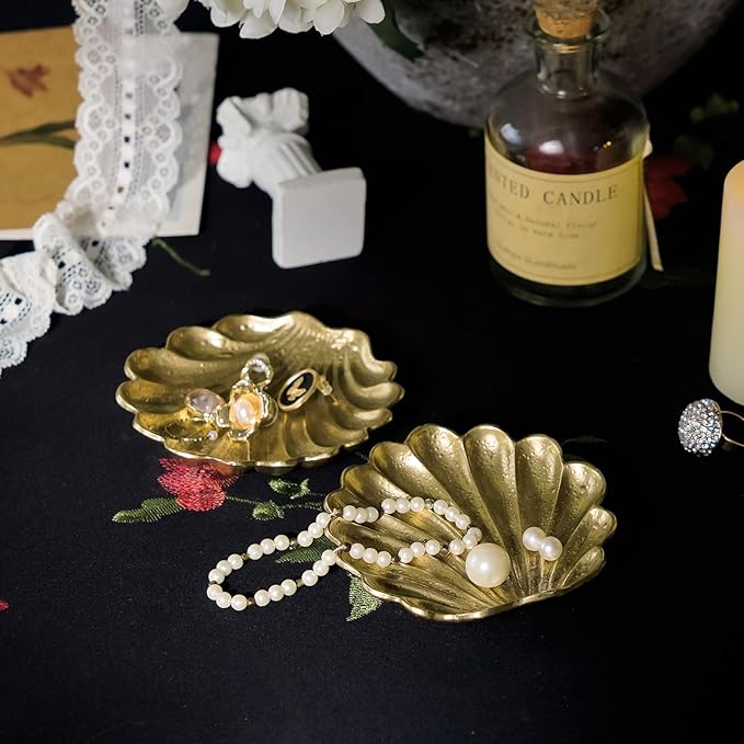 NIKKY HOME Vintage Gold Ring Holder Jewelry Dish Set of 2, Shell Shaped Trinket Display Decorative Metal Tray Classy Birthday Christmas Gifts for Women