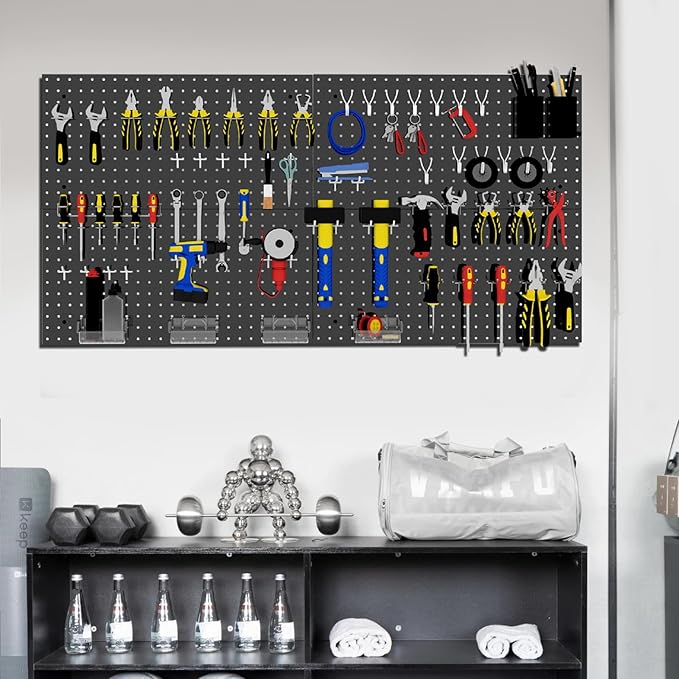 Peg Board Wall Organizer, 24"x48" Black Metal Pegboard Organizer, 4 Metal Pegboard Panels with 63 Accessories, Wall Mount Large Peg Board Kit with Hooks, Bins for Home, Office, Garage, Gaming