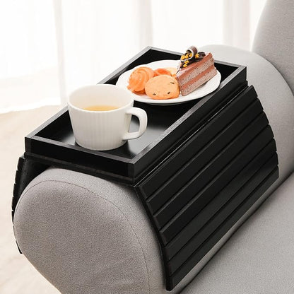 GEHE Bamboo Sofa Arm Tray, Foldable Couch Arm Tray Side Table, Anti-Falling Armrest Tables Cup Holder for Snacks, Drinks, Beers, Phone, Control, Flexible and Portable, Anti-Slip Bottom