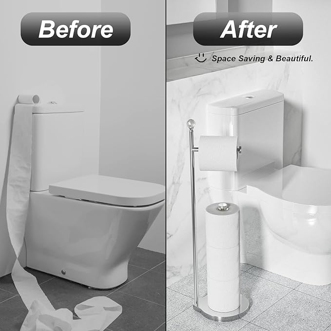Toilet Paper Holder for Bathroom, Heavy Weighted Metal Free Standing Toilet Paper Storage with Crystal Ball, Toilet Paper Stand for Bathroom Accessories, Polished Chrome [Holds MEGA Rolls]