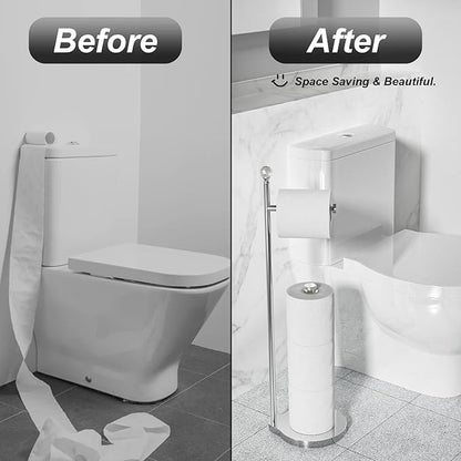 Toilet Paper Holder for Bathroom, Heavy Weighted Metal Free Standing Toilet Paper Storage with Crystal Ball, Toilet Paper Stand for Bathroom Accessories, Polished Chrome [Holds MEGA Rolls]