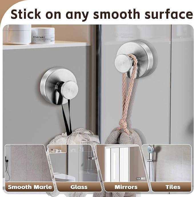 Supopular Reusable Heavy Duty Suction Cup Hooks for Kitchen/Bathroom/Shower - Wet-Proof Hooks for Towels, Robes, Loofah&Wreaths/No Drill Mounting on Glass, Tile, Metal (2, Brushed Nickel)
