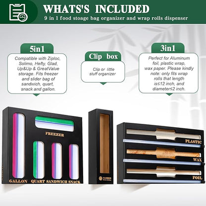 Calmbee 9-in-1 Bamboo Kitchen Organizer - Black & Multicolor Modern Minimalist Caddy with 3-in-1 Wrap Dispenser, Cutter & Bag Organizer