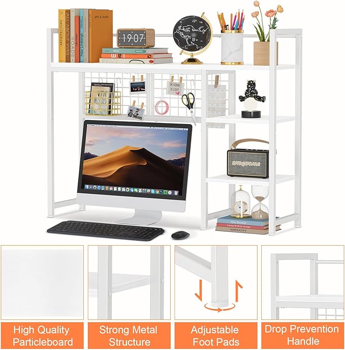 Snughome Desk Shelf, 38.6" Desktop Organizer Shelf, Desk Hutch for Computer Monitor, 4 Tier Desktop Display Rack with Pegboard Hooks Set, Wood Desk Bookshelf for Home Office Dorm, White