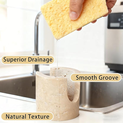 MALIHOO Travertine Natural Marble Sponge Holder, Sponge Caddy for Sink Organizer, Kitchen, Bathroom, Fast Absorbing, Durable, Elegant and Stylish