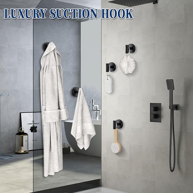 warlve Suction Cup Hooks No Drill Stainless Steel Shower Hooks Towel Hook Robe Hook Heavy Duty on Smooth and Non-Porous Surfaces in Bathrooms Kitchen Bedroom (2, Matte Black)