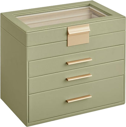 SONGMICS Jewelry Box Organizer with Glass Lid, 4-Layer Jewelry Storage, with 3 Drawers, Modern Style, 6 x 9.9 x 8.5 Inches, Laurel Green and Gold Color UJBC161C02