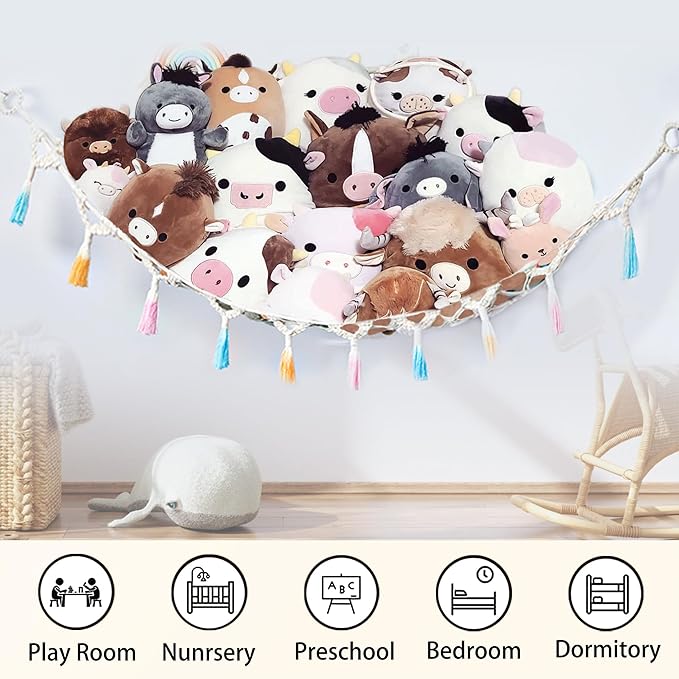 Stuffed Animal Net or Hammock with Light,Yewiwin Macrame Hanging Net Hammock for Stuffed Animal Toy Storage Organizer Boho Decor Room Holder for Nursery Play Room Bedroom (Beige(55"*55"*72"))