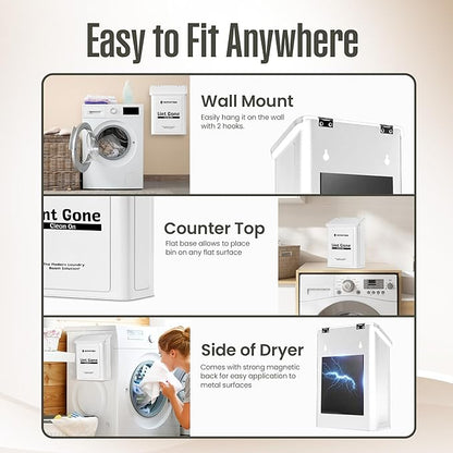 COZYCOTTAGE Magnetic Lint Bin for Laundry Room with Dryer Lint Brush - Slim Wall Mounted Trash Can with Lid - Modern Farmhouse Storage Organizer & Debris Collector - Space-Saving White Metal Holder