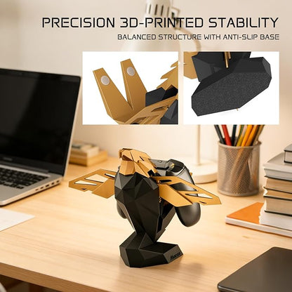 Controller Holder for Xbox/PS/Switch – Celebrity Black & Gold Eagle Stand, Auto-Spreading Wings, Dual Placement, Scratch-Free Curved Tail Design