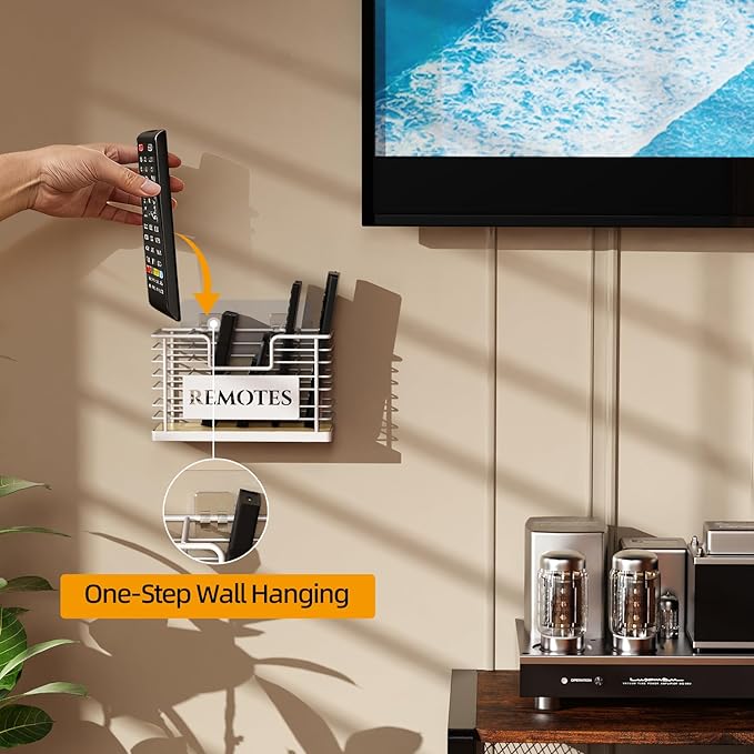 Remote Control Holder, 5-Slot TV Remote Holder Wall Mount, Universal Remote Caddy Large Size Design for Wall Table Living Room Bedroom, Easy Installation, White