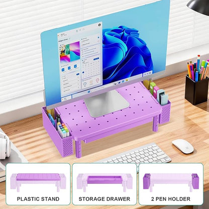 WALI Computer Monitor Stand with Storage, Desk Organizer with Drawer and Pen Holder, Desk Monitor Riser 3 Height Adjustable, Laptop Riser for Laptop, Printer (PTT003-V), 1 Pack, Violet