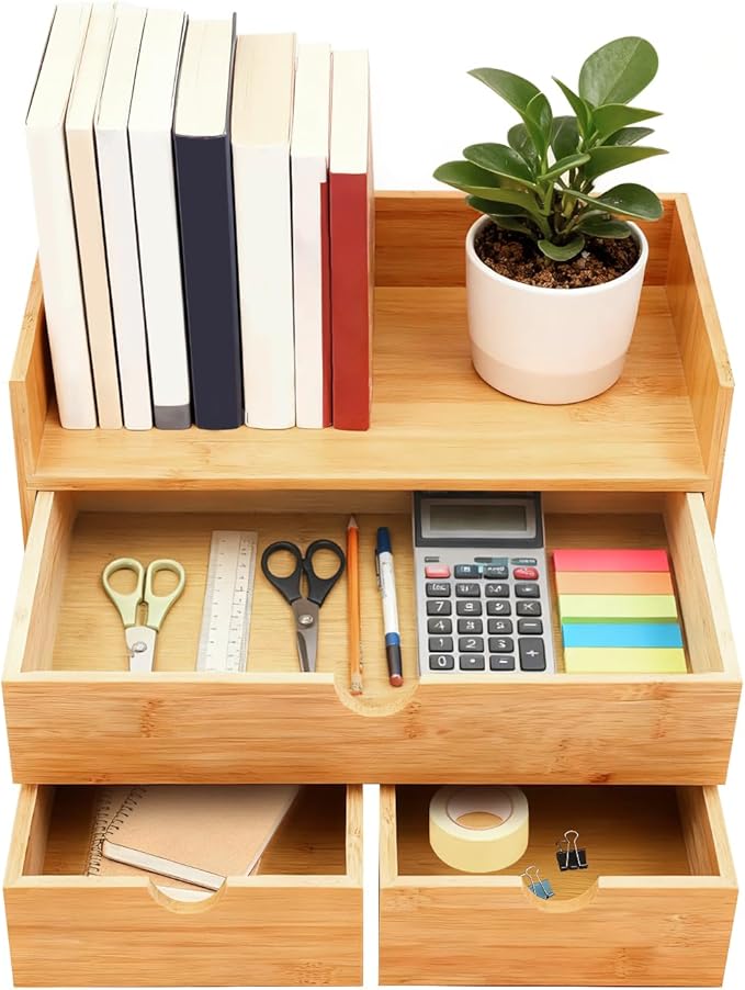 Bamboo Desk Organizer, 100% Original Mini Bamboo Desk Drawer Tabletop Storage Organization Box 3 Drawer Storage Organizer for Office Home Toiletries Supplies No Assembly Required