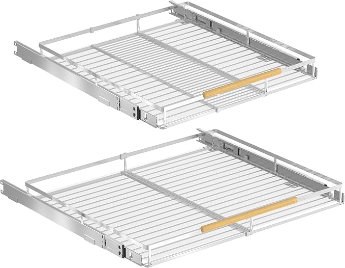 Pull Out Cabinet Organizers,Expandable Slide Out Wire Storage Drawers,Adjustable Width W:14.9”-25.9” x D:22.5”,2 packs of Stainless Steel Gliding Cupboard Wire Shelves for Pot and Pans,Chrome Plated