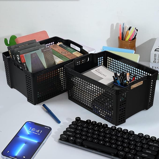 6-Pack Black Plastic Storage Baskets, Large Stackable Organizer Basket