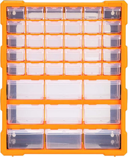 Amazon Basics Wall Mount Hardware and Craft Storage Cabinet Organizer with 39 Drawers, Plastic Garage Organization System with Dividers for Small Parts, Black, Orange, 15" x 6.3" x 18.6"