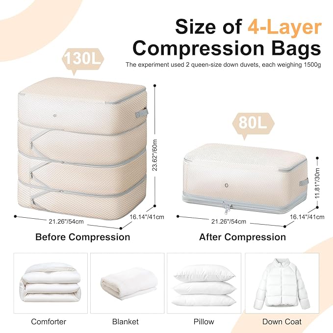 Easortm Comforter Storage Bag - 130L Large Capacity Blanket Storage Bags 4-Layer Ultra Space Saving Self Compression Organizer, Washable Compression Bags for Storage Comforter Blanket, 2-Pack, Beige
