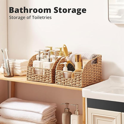 OIAHOMY Pantry Baskets for Organizing, Paper Rope Baskets with Built-in Handles, Wicker Storage Bins for Shelves, 2 Pack-Yellow