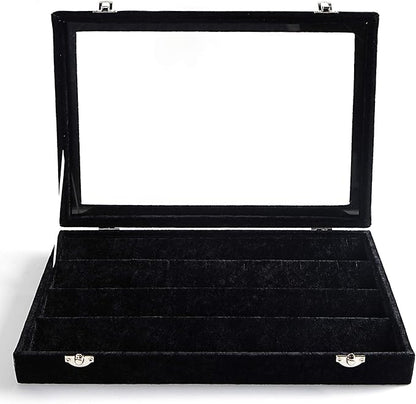 Frebeauty Earring Organizer Tray with Clear Lid 64 Slots Velvet Drawer Insert Earring Storage box with Transparent Glass lid Jewelry Display Case with lock Gifts for Women (Black, Earrings)