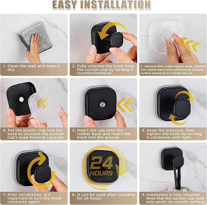 Fenas Suction Cup Hooks for Shower - Resuable Bathroom Hooks for Towels, Robes & Loofah - No-Drill Mounting on Kitchen,Walls,Metal,Glass,Mirrors,Tile & Smooth Non-Porous Surfaces (2, Matte Black)